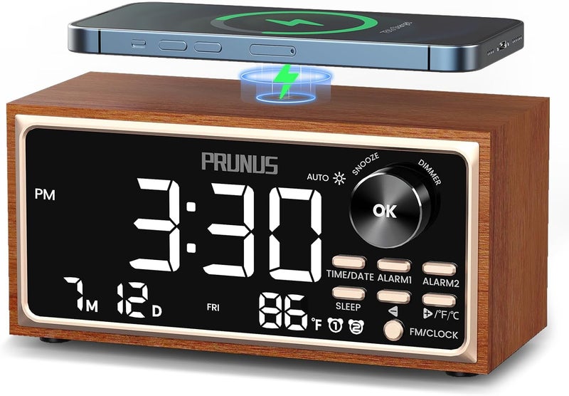 PRUNUS J-177 Retro Vintage Alarm Clock Radio with Fast Wireless Charging, Dual Alarms, Snooze, Large LED Display,Dimmer Control,Auto-Dimming,Retro Clock for Bedroom - Image 1